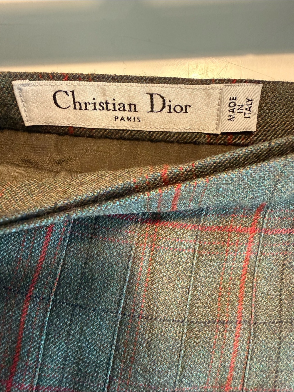 Christian Dior Olive Green 100% Wool Plaid Pleated Mini Skirt Size 6 Made Italy - Picture 3 of 16
